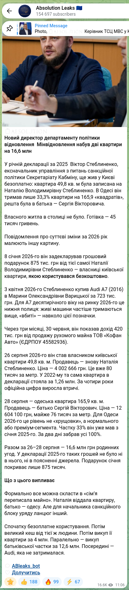 Скріншот Telegram-публікації: 📖🧡🧡🧡🧡🧡🧡 Новий директор департаменту політики відновлення Мінвідновлення…