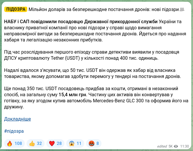 Screenshot of a Telegram post: 👤👤👤👤 A million dollars for unobstructed drone deliveries: new suspicions👥…