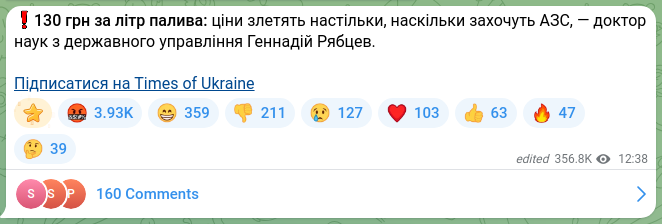 Скріншот Telegram-публікації: ❗️130 грн за літр палива: ціни злетять настільки, наскільки захочуть АЗС, — до…