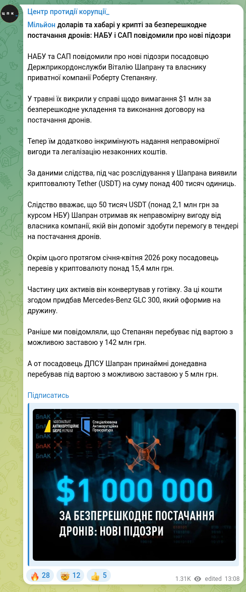 Screenshot of a Telegram post: A million dollars and bribes in crypto for unobstructed drone supplies: NABU an…