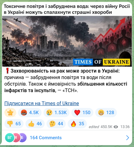 Скріншот Telegram-публікації: ❗️Захворюваність на рак може зрости в Україні: причина — забруднення повітря т…