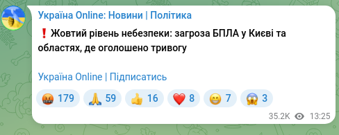 Скріншот Telegram-публікації: ❗️Жовтий рівень небезпеки: загроза БПЛА у Києві та областях, де оголошено трив…