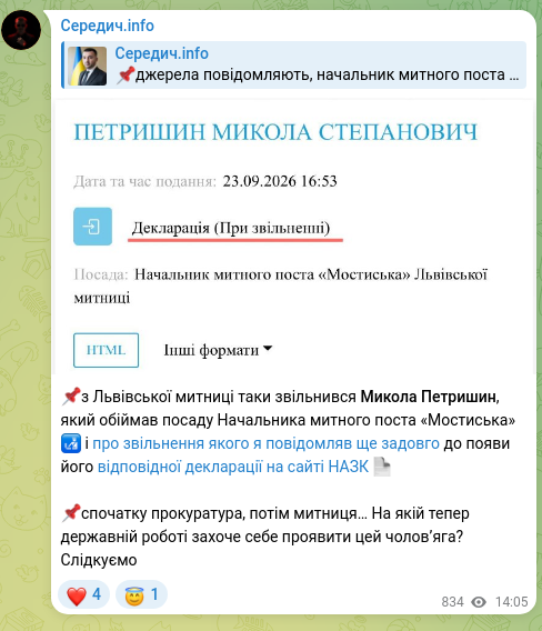 Screenshot of a Telegram post: 📌Mykola Petryshyn has indeed left the Lviv Customs, where he served as Head of…
