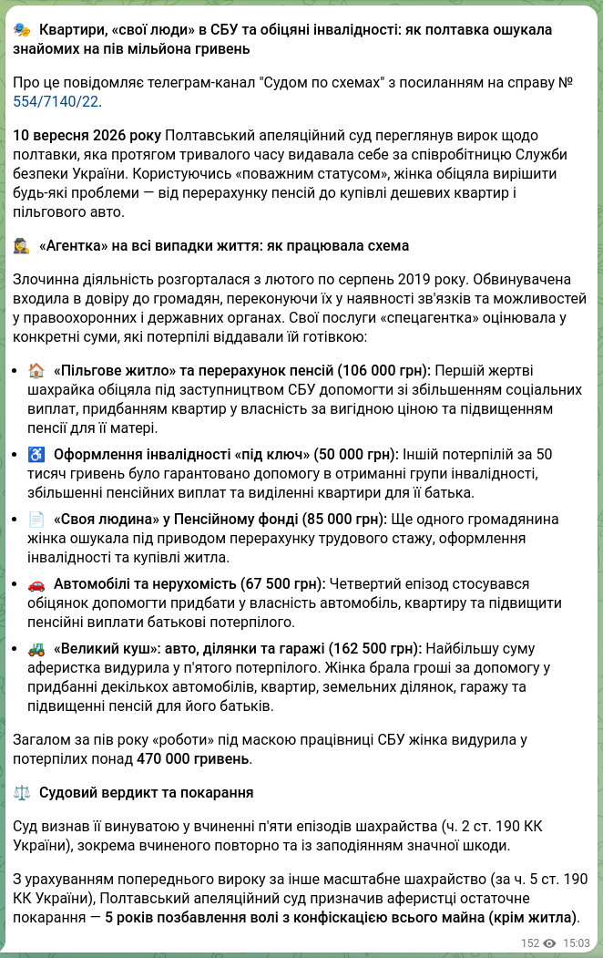 Screenshot of a Telegram post: 🎭 Apartments, “insiders” in the SBU, and promised disabilities: how a woman fr…