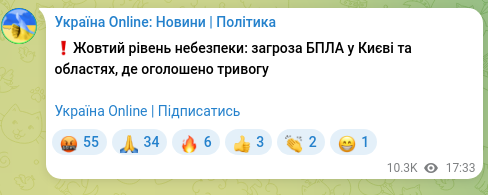 Скріншот Telegram-публікації: ❗️Жовтий рівень небезпеки: загроза БПЛА у Києві та областях, де оголошено трив…