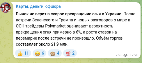 Screenshot of a Telegram post: The market does not believe in an imminent ceasefire in Ukraine. After the meet…
