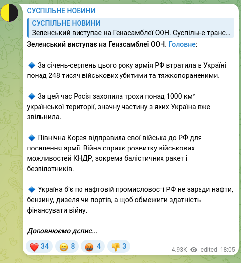 Скріншот Telegram-публікації: Зеленський виступає на Генасамблеї ООН. Головне: 🔹 За січень-серпень цього рок…