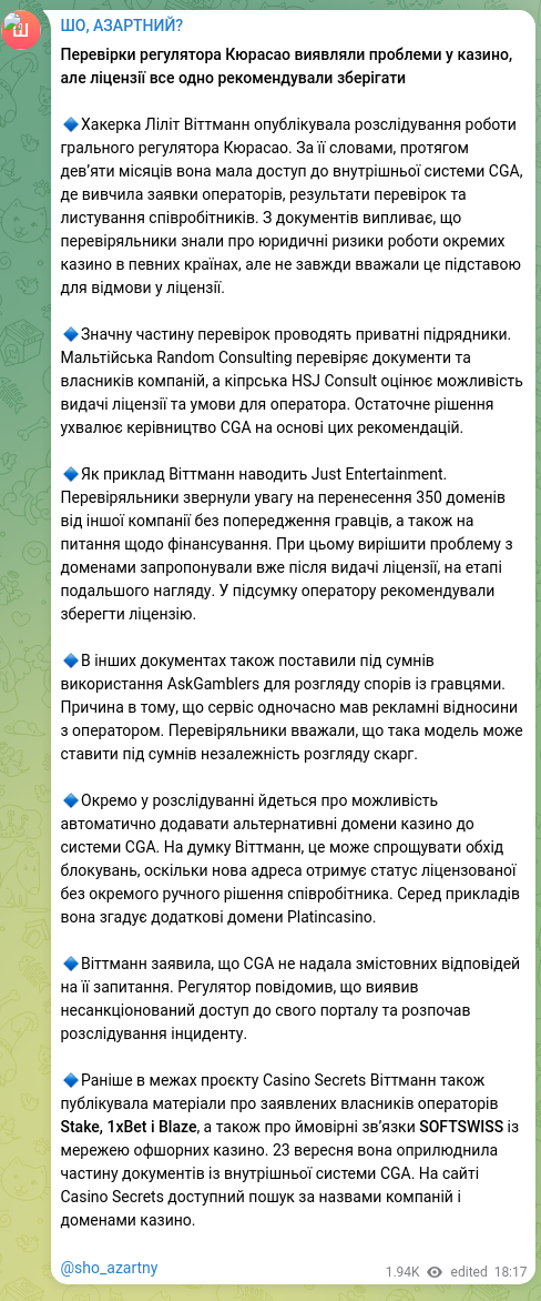 Screenshot of a Telegram post: Regulator checks in Curaçao found problems at casinos, but still recommended ke…