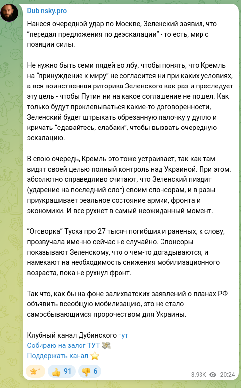 Скріншот Telegram-публікації: Нанеся очередной удар по Москве, Зеленский заявил, что “передал предложения по…