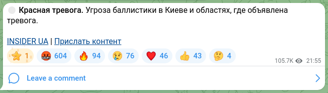 Screenshot of a Telegram post: 🔴 Red alert. Threat of ballistic missiles in Kyiv and the regions where an ale…