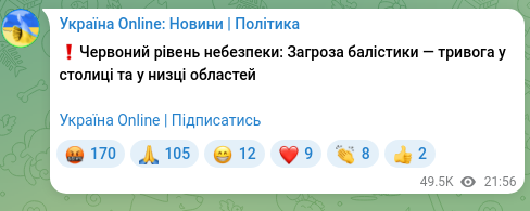 Скріншот Telegram-публікації: ❗️Червоний рівень небезпеки: Загроза балістики — тривога у столиці та у низці…