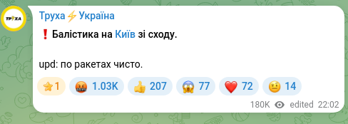 Screenshot of a Telegram post: ❗️Ballistics toward Kyiv from the east. upd: rockets only.