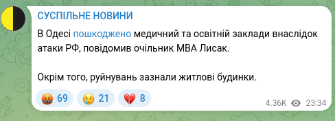 Скріншот Telegram-публікації: В Одесі пошкоджено медичний та освітній заклади внаслідок атаки РФ, повідомив о…