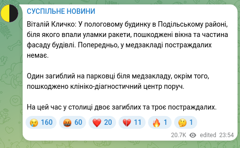 Скріншот Telegram-публікації: Кличко Віталій Володимирович — Віталій Кличко: У пологовому будинку в Подільському районі, біл…