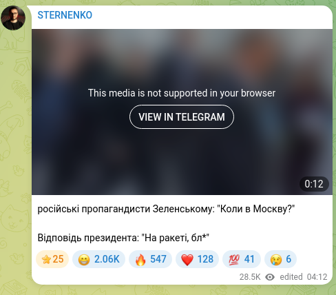 Screenshot of a Telegram post: Russian propagandists to Zelensky: "When are you coming to Moscow?" The preside…