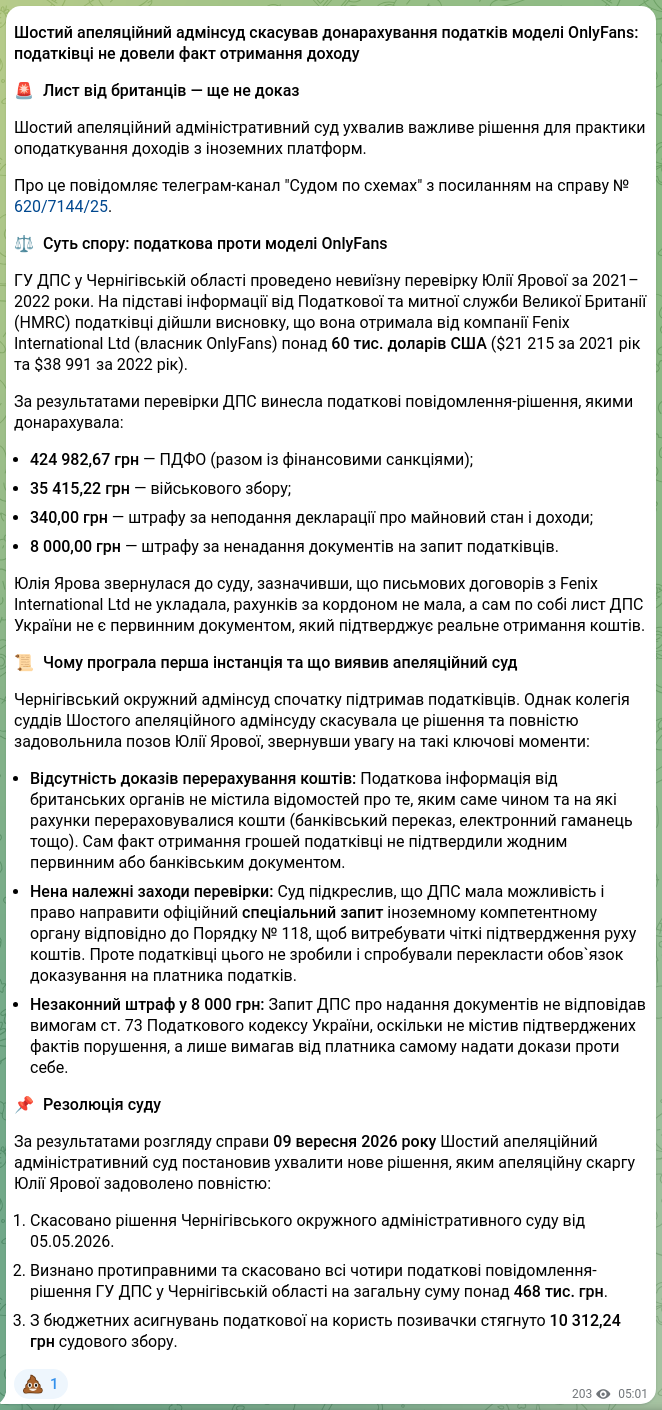 Screenshot of a Telegram post: The Sixth Administrative Court of Appeal annulled additional tax assessments ag…