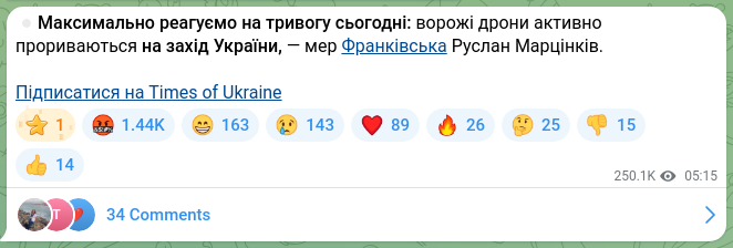 Скріншот Telegram-публікації: ⏺Максимально реагуємо на тривогу сьогодні: ворожі дрони активно прориваються на…