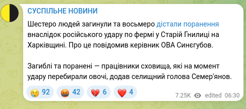 Скріншот Telegram-публікації: Шестеро людей загинули та восьмеро дістали поранення внаслідок російського удар…