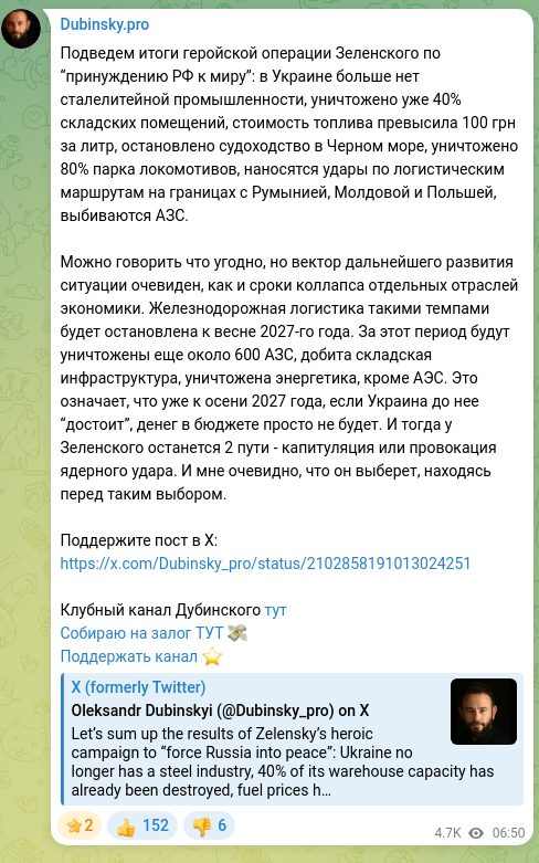 Screenshot of a Telegram post: Let’s sum up Zelensky’s “forcing Russia to peace” heroic operation: there is no…