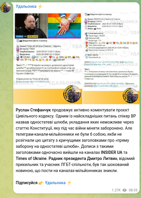 Screenshot of a Telegram post: Lytvyn Dmytro Volodymyrovych — Ruslan Stefanchuk continues to actively comment on the Civil C…