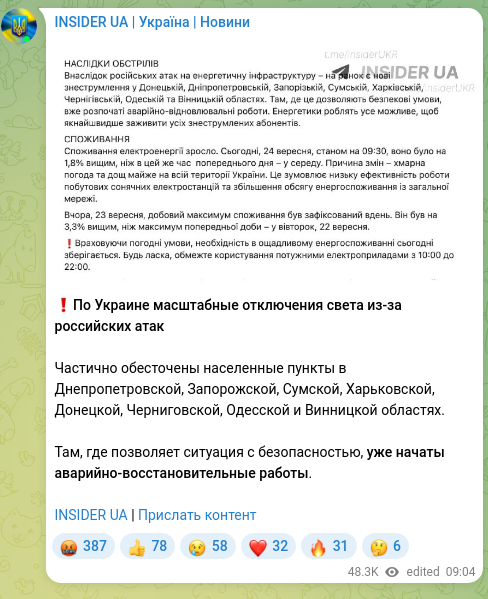 Скріншот Telegram-публікації: ❗️Есть частичные отключения света в Днепропетровской, Запорожской, Сумской, Ха…
