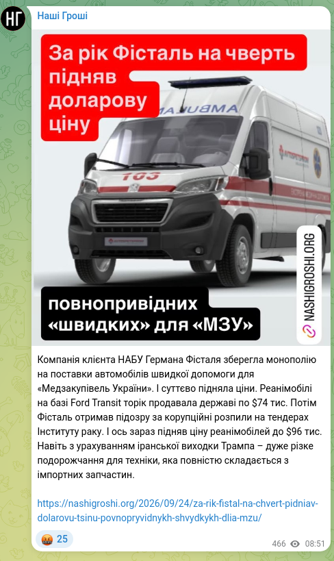 Скріншот Telegram-публікації: Фісталь Герман Емільович — Компанія клієнта НАБУ Германа Фісталя зберегла монополію на поставк…