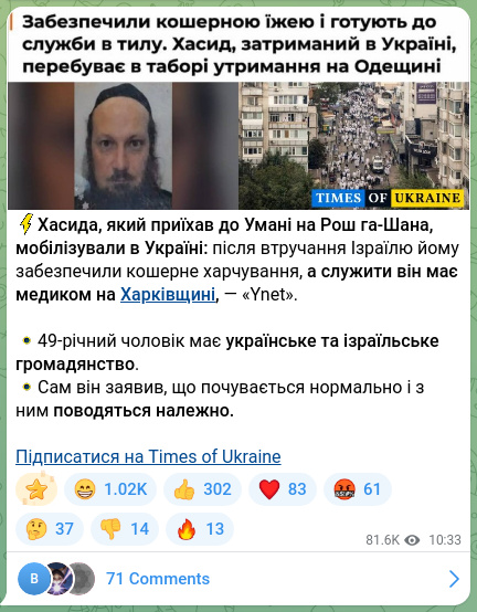 Скріншот Telegram-публікації: ⚡️Хасида, який приїхав до Умані на Рош га-Шана, мобілізували в Україні: після…