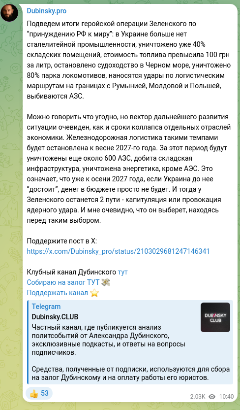 Screenshot of a Telegram post: Let's sum up Zelensky's heroic operation to “compel Russia to peace”: there is…