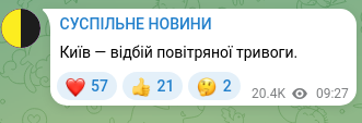 Скріншот Telegram-публікації: Київ — відбій повітряної тривоги.
