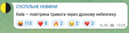 Скріншот Telegram-публікації: Київ — повітряна тривога через дронову небезпеку.