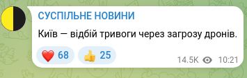 Скріншот Telegram-публікації: Київ — відбій тривоги через загрозу дронів.