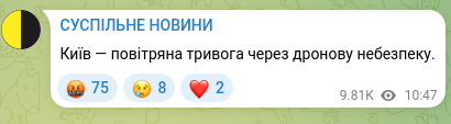 Скріншот Telegram-публікації: Київ — повітряна тривога через дронову небезпеку.