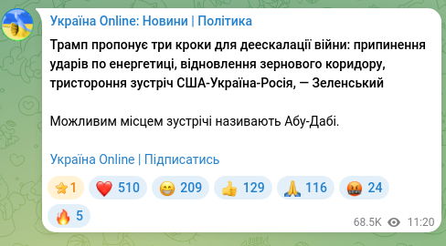 Скріншот Telegram-публікації: Трамп пропонує три кроки для деескалації війни: припинення ударів по енергетиці…