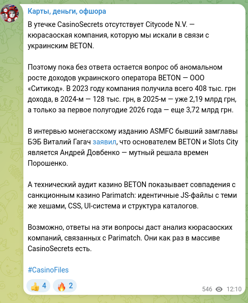 Screenshot of a Telegram post: Citycode N.V. — the Curaçaon company we were looking for in connection with the…