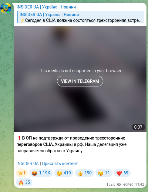 Screenshot of a Telegram post: ❗️The Office of the President does not confirm trilateral talks between the Un…
