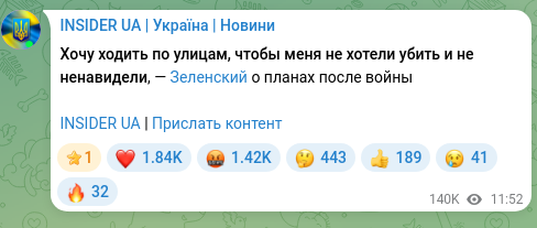Screenshot of a Telegram post: I want to walk the streets without people wanting to kill me or hating me, — Ze…