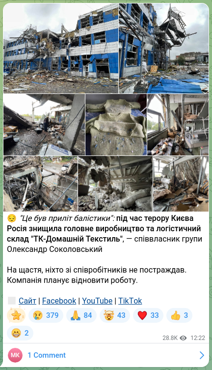 Screenshot of a Telegram post: 😔"It was a ballistic strike": during the terror attack on Kyiv Russia destroye…