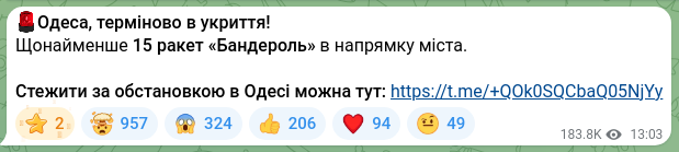 Screenshot of a Telegram post: 🚨Odesa, take shelter immediately! At least 15 “Banderol” missiles heading towa…