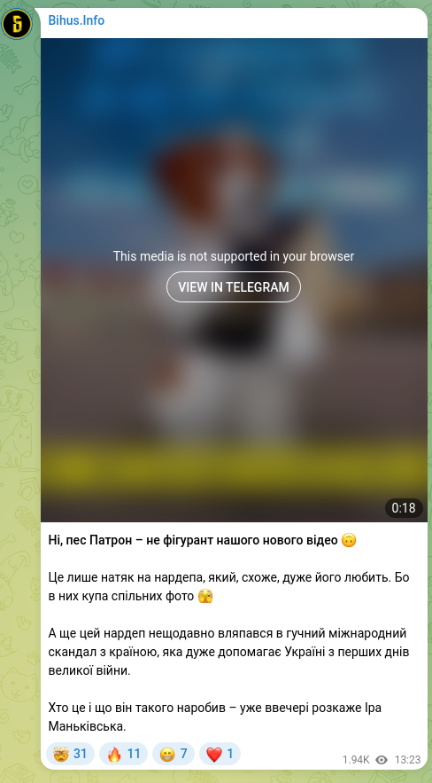 Screenshot of a Telegram post: No, Patron the dog is not a subject of our new video 🙃 It’s just a hint about…
