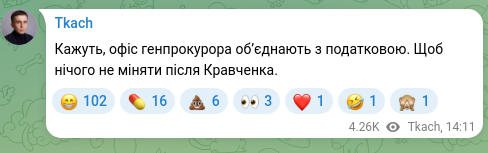 Скріншот Telegram-публікації: Кажуть, офіс генпрокурора обʼєднають з податковою. Щоб нічого не міняти після К…