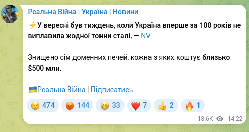 Скріншот Telegram-публікації: ⚡️У вересні був тиждень, коли Україна вперше за 100 років не виплавила жодної…