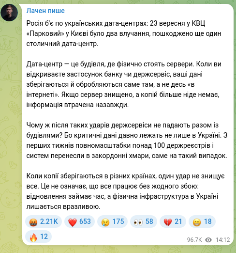 Скріншот Telegram-публікації: Росія б'є по українських дата-центрах: 23 вересня у КВЦ «Парковий» у Києві було…