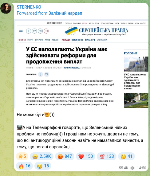 Скріншот Telegram-публікації: Не може бути🤯))) 📺А на Телемарафоні говорять, що Зеленський ніяких проблем не…