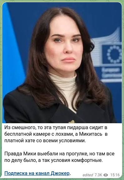 Скріншот Telegram-публікації: Из смешного, то эта тупая пидарша сидит в бесплатной камере с лохами, а Микитас…