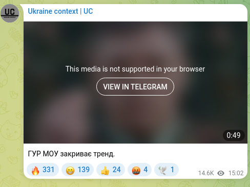Screenshot of a Telegram post: GUR of the Ministry of Defense closes the trend.