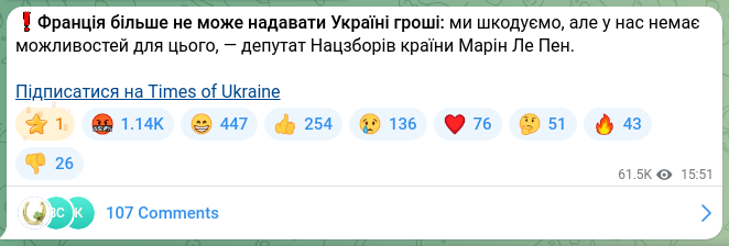 Screenshot of a Telegram post: ❗️France can no longer provide money to Ukraine: we regret it, but we have no…