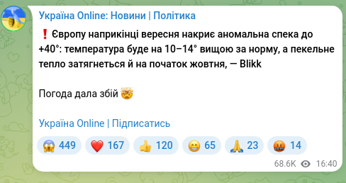 Screenshot of a Telegram post: ❗️Europe will be hit by an abnormal heatwave up to +40° at the end of Septembe…