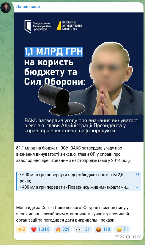 Screenshot of a Telegram post: Pashynskyi Serhii Volodymyrovych — ₴1,1 billion to the budget and the Armed Forces: The High…