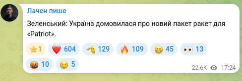 Screenshot of a Telegram post: Zelensky: Ukraine has agreed on a new package of missiles for the Patriot.