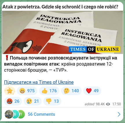 Screenshot of a Telegram post: ❗️Poland begins distributing instructions in case of air attacks: the country…